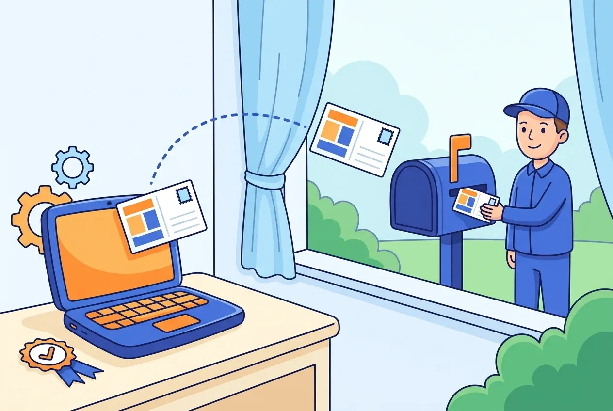 Cartoon laptop sending a postcard out of the screen and into a mailbox