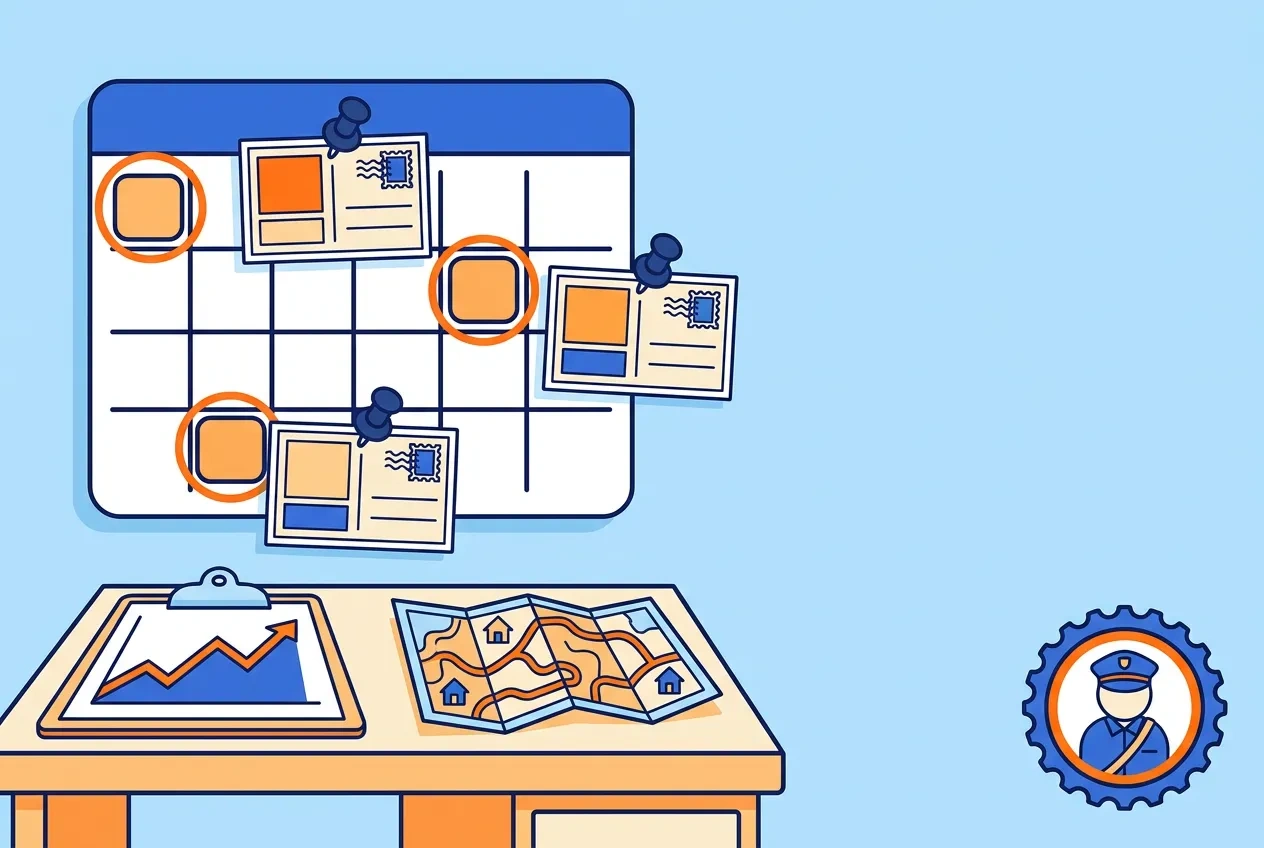 Cartoon calendar with three mailing dates, a response chart and a route map