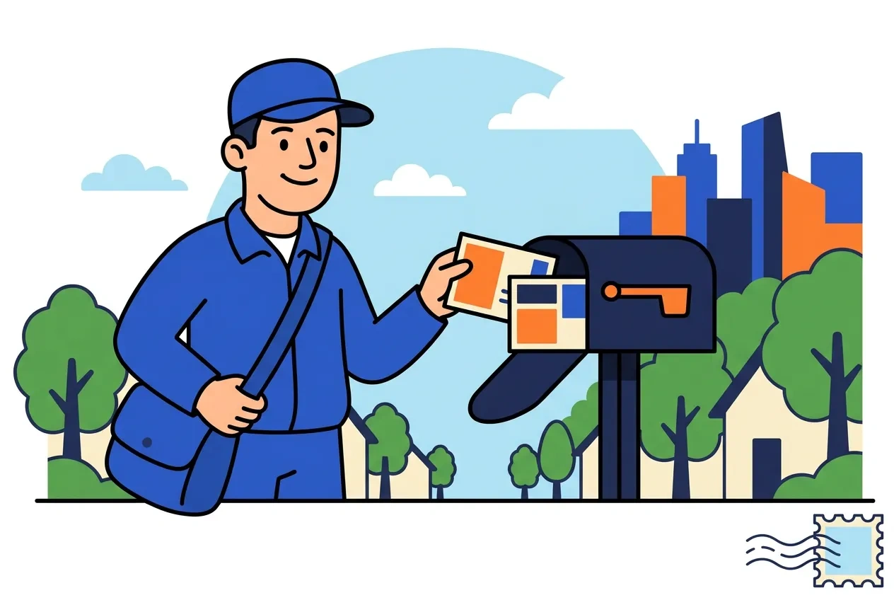 Cartoon mail carrier placing postcards in a curbside mailbox on a tree-lined street with a skyline behind