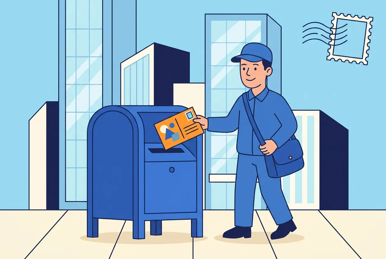 Cartoon blue collection box on a downtown sidewalk with a person dropping in a postcard