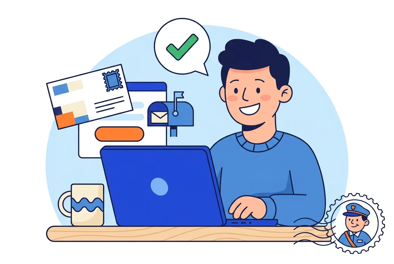 Cartoon person filling in a short quote form on a laptop, with a postcard and a mailbox beside the screen