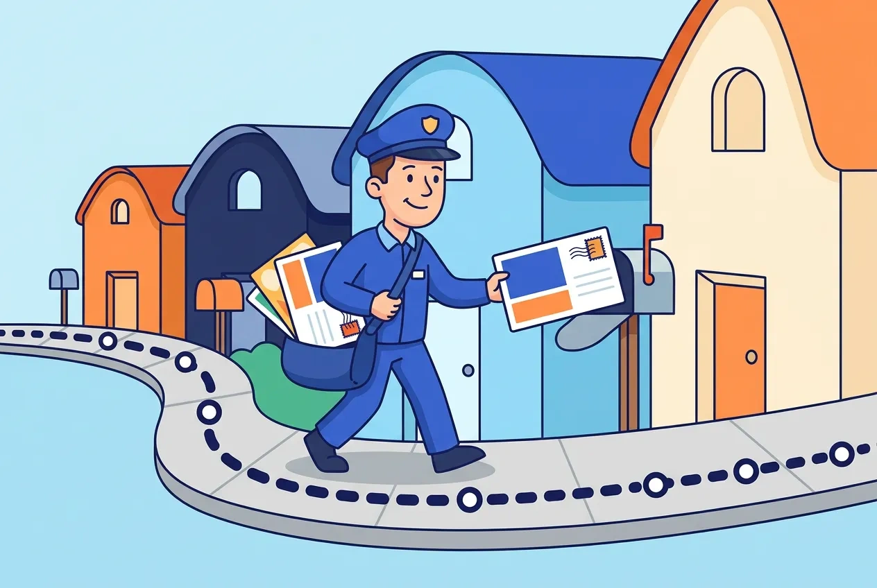 Cartoon mail carrier walking a route and placing an oversized postcard in every mailbox on the street