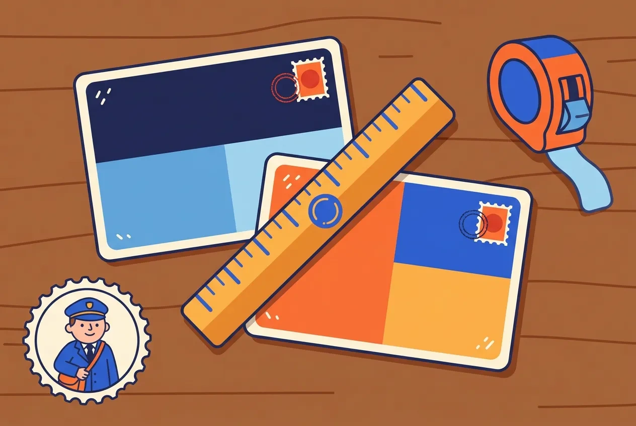 Cartoon of two postcard sizes on a desk with a ruler across them