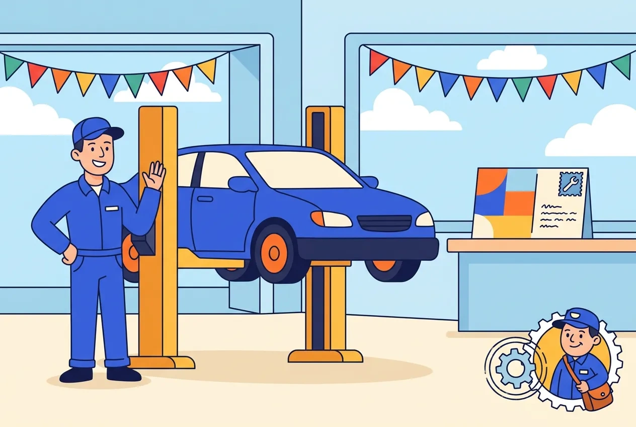 Cartoon mechanic beside a lifted car with a service reminder postcard on the bench