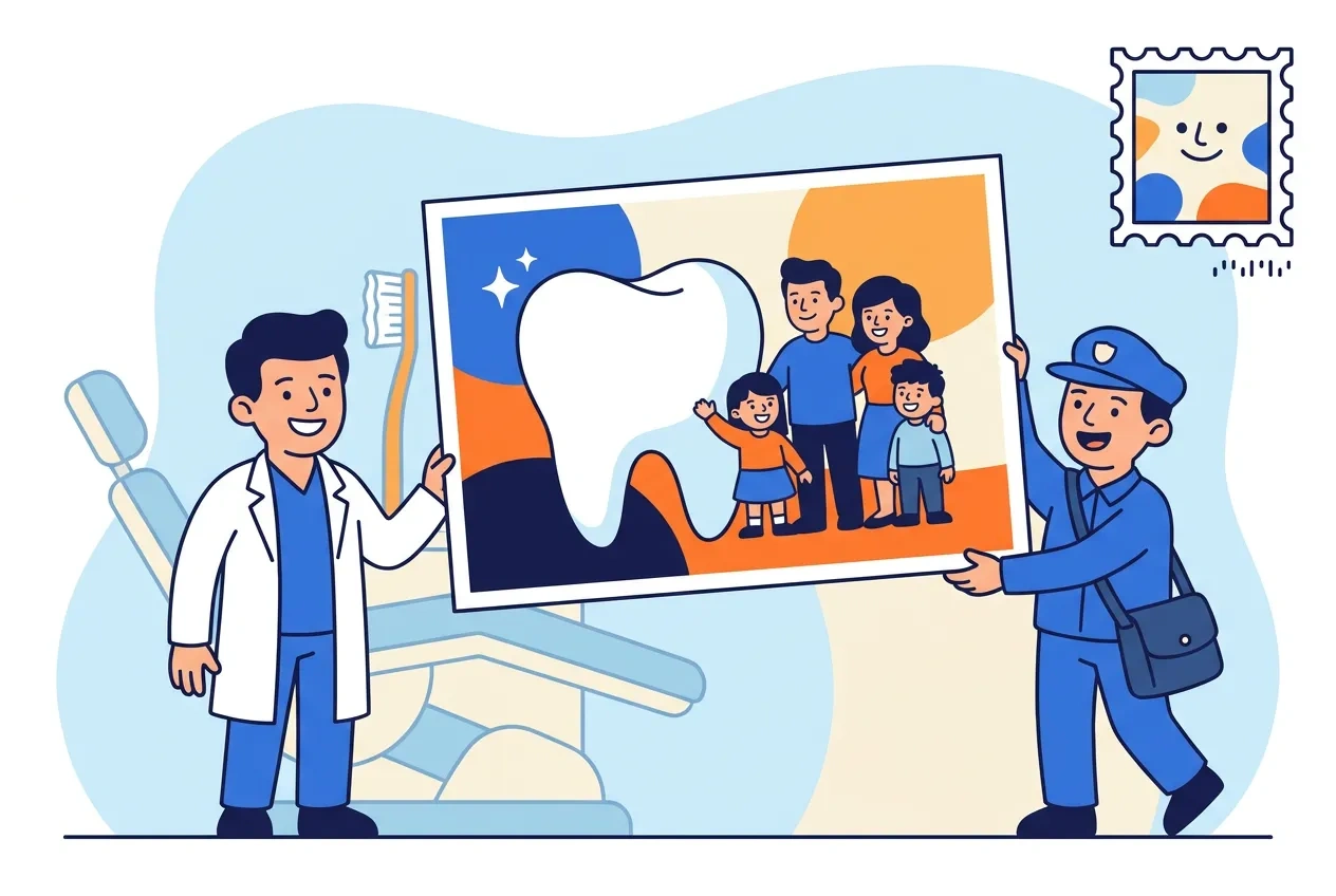 Cartoon dentist beside a large postcard with a shiny tooth and a smiling family