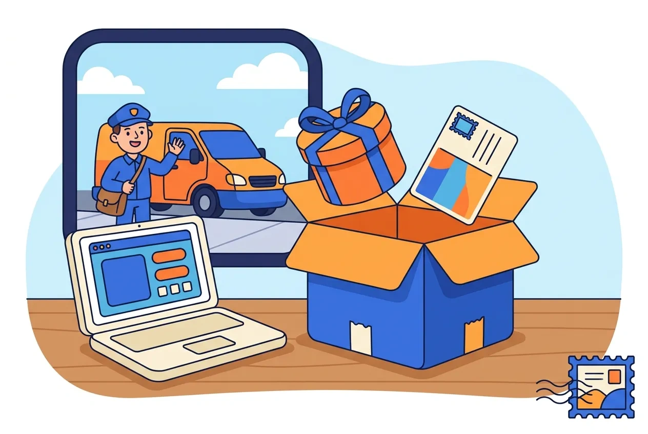 Cartoon shipping box with a postcard popping out beside a laptop showing an online store