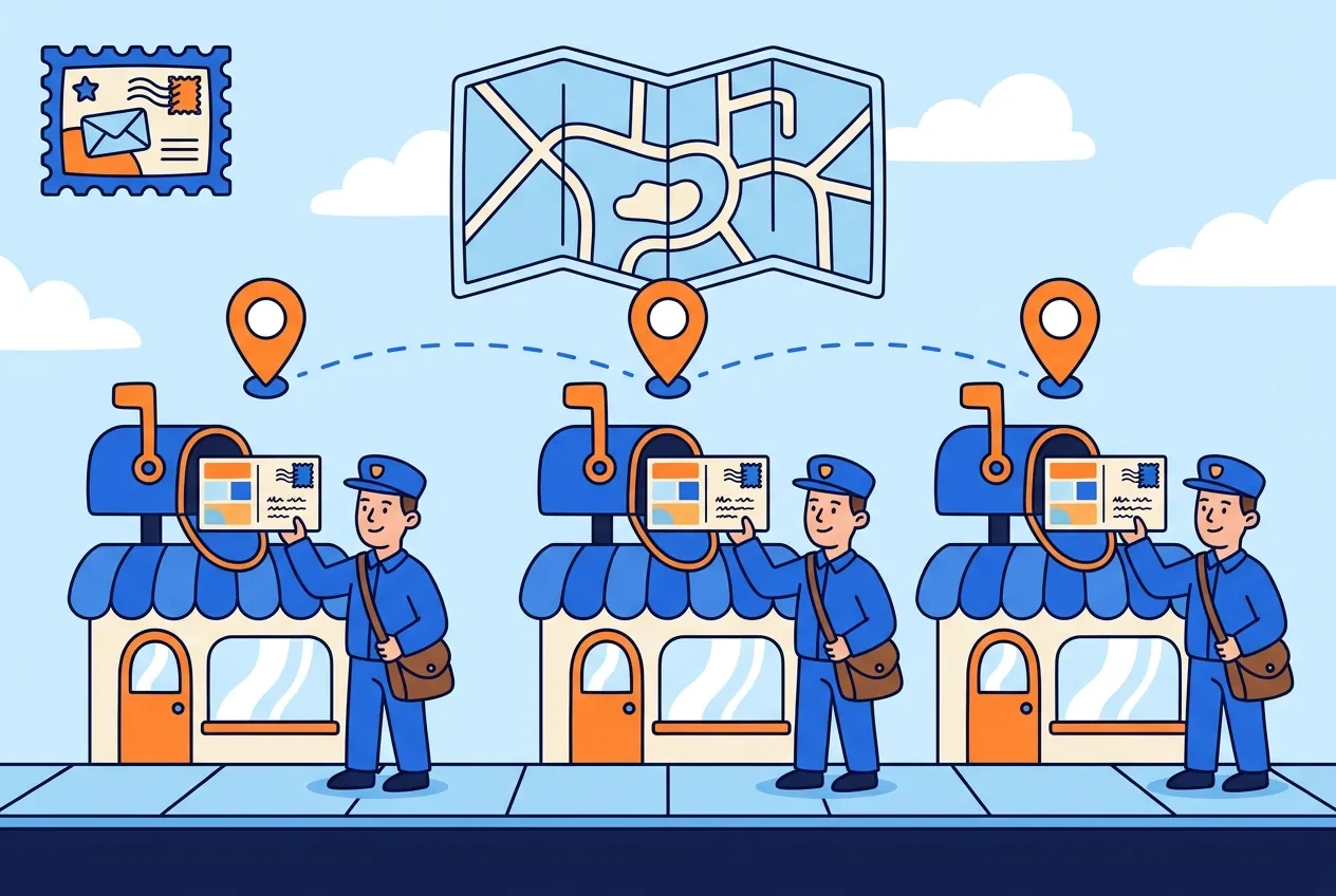 Cartoon row of identical storefronts each receiving the same postcard, with a pinned map above