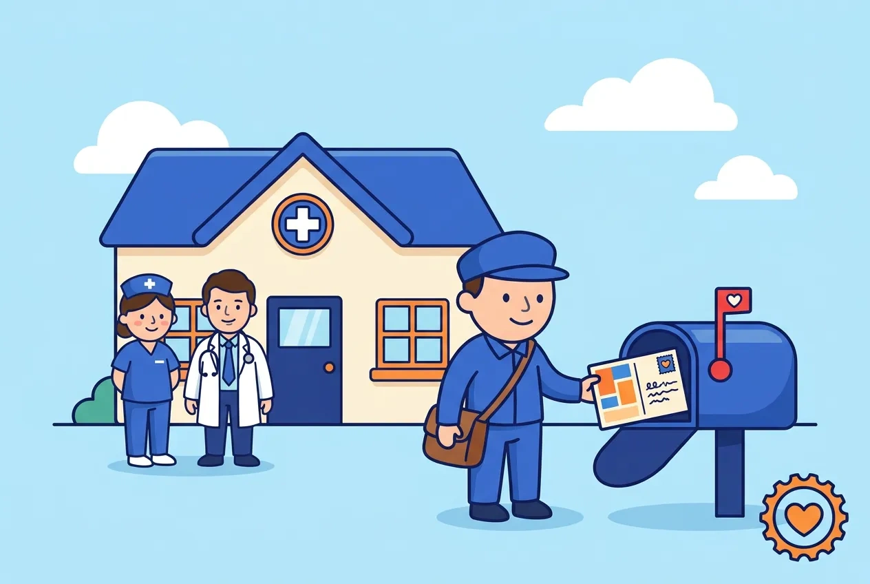 Cartoon doctor and nurse outside a clinic as a mail carrier delivers a postcard