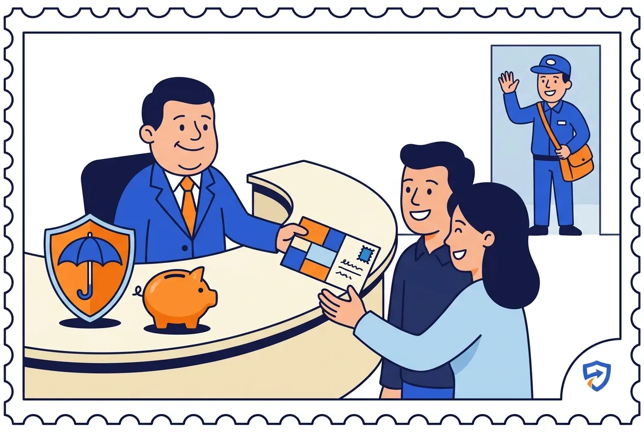Cartoon insurance agent handing a postcard to a couple across a desk