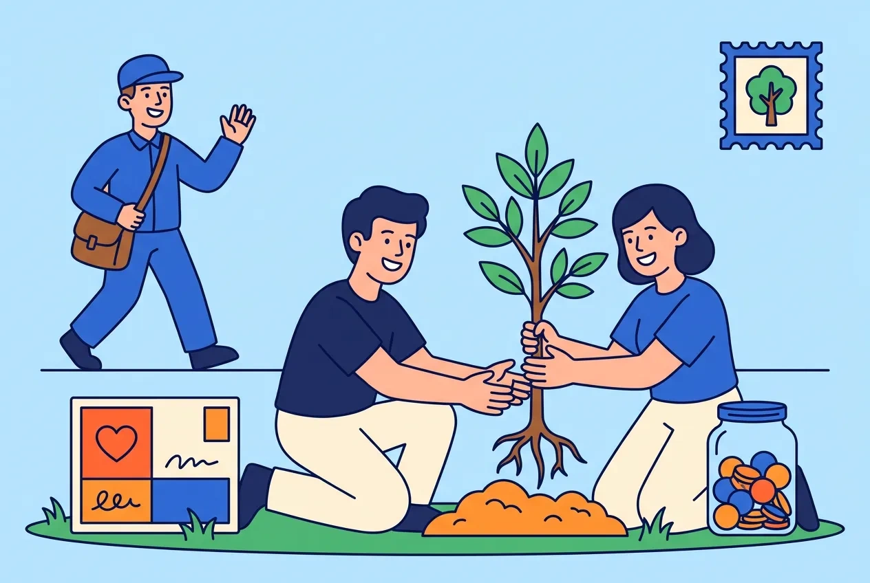 Cartoon volunteers planting a tree beside an appeal postcard and a donation jar