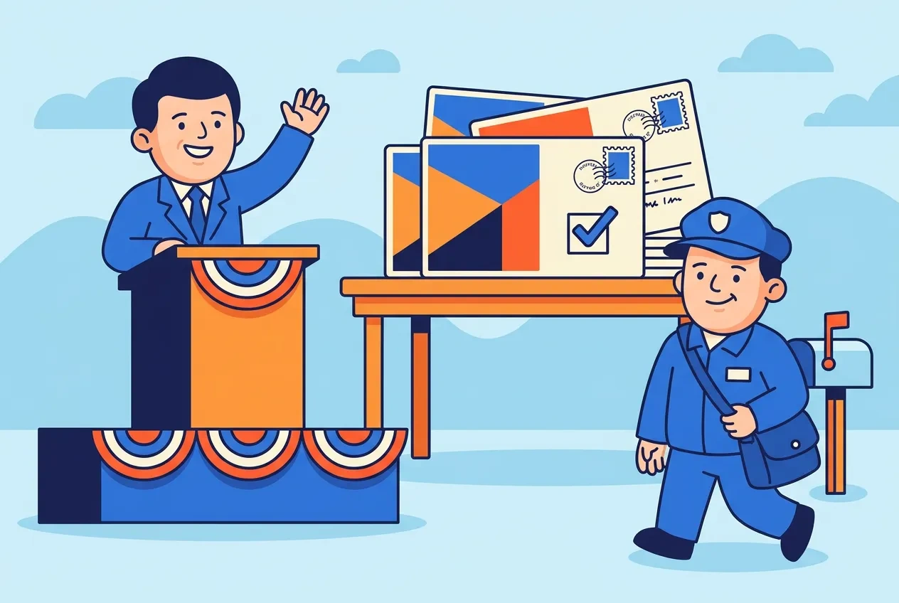 Cartoon candidate at a podium with a stack of campaign postcards and a mailbox