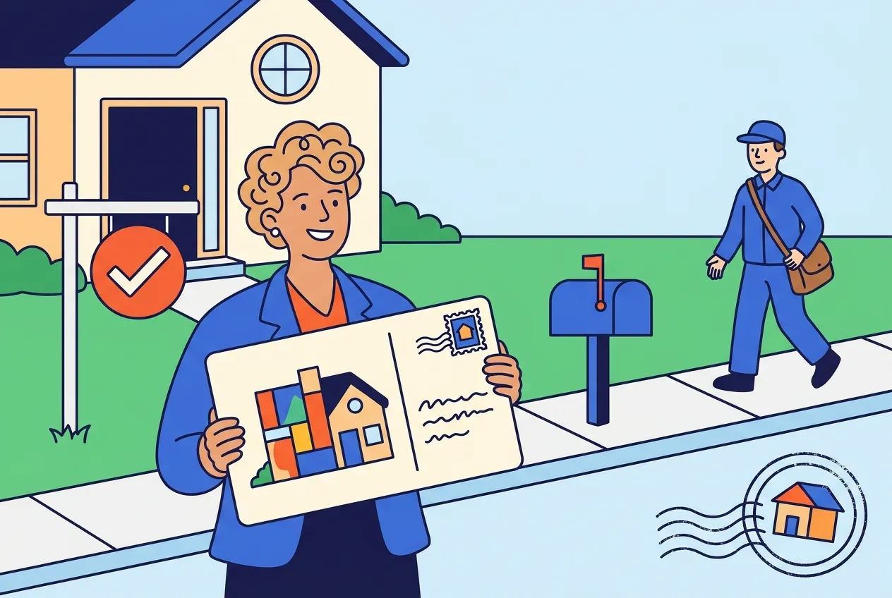 Cartoon real estate agent holding a postcard in front of a home with a sold sign