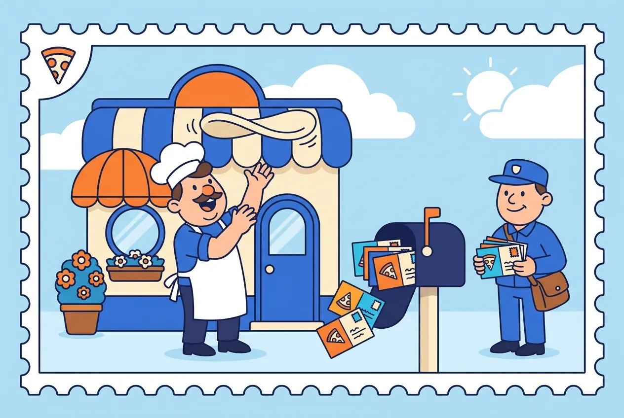 Cartoon pizza chef outside a restaurant with a mailbox full of coupon postcards
