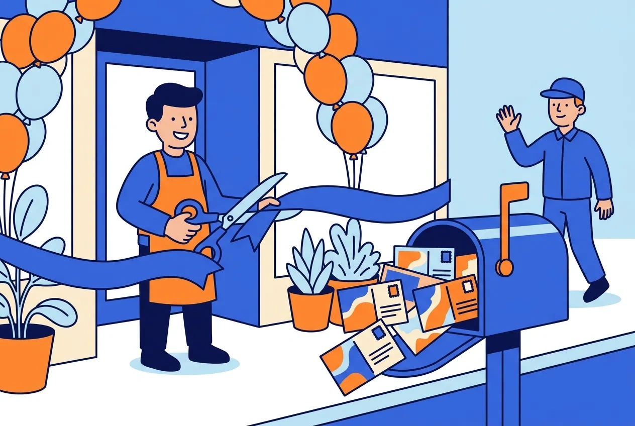 Cartoon shop owner cutting a grand opening ribbon with a mailbox full of sale postcards