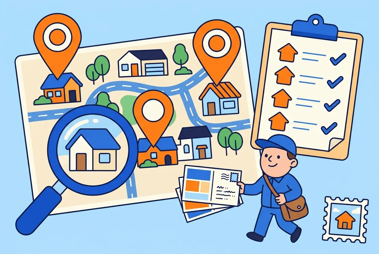 Cartoon neighborhood map with selected houses pinned and a checklist of households