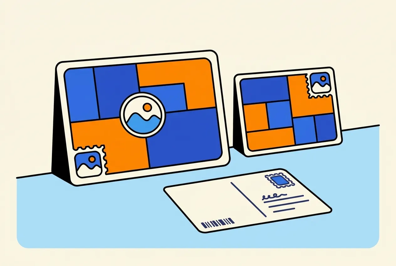 Cartoon of a 6×11 and a 5×8.25 postcard standing on a desk, a third turned to show the address side