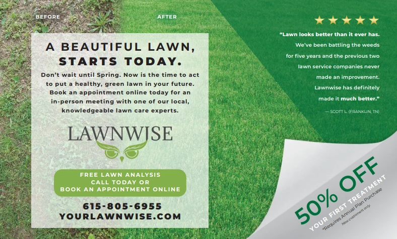 LawnWise 5×8.25 lawn care postcard: a before-and-after lawn photo, a 50% off first-treatment offer and a five-star review