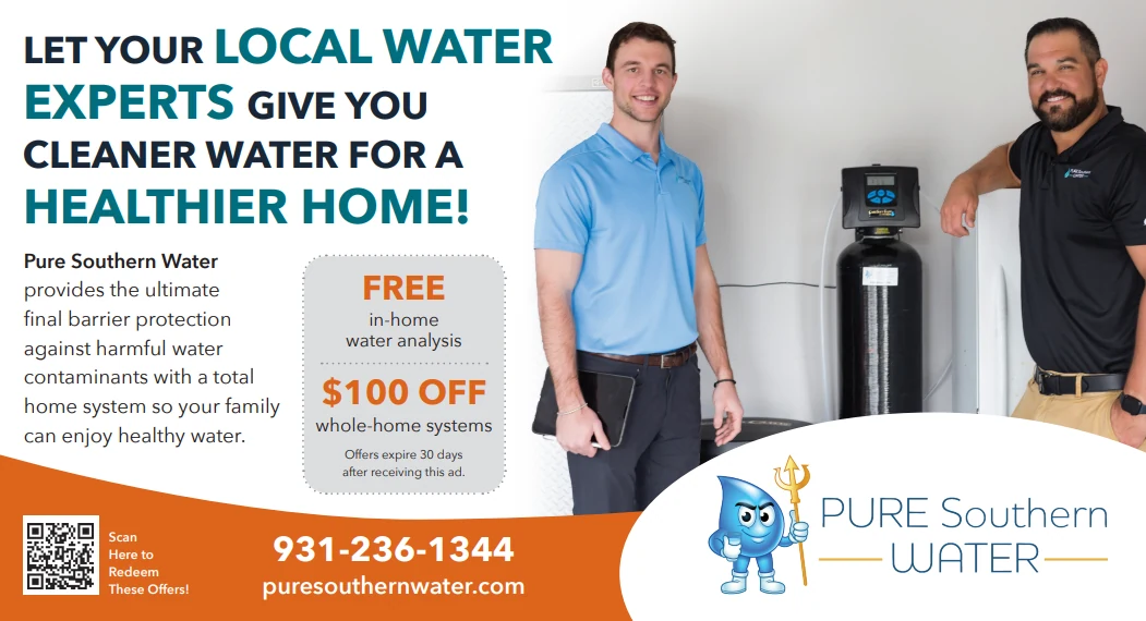 Pure Southern Water 6×11 postcard: the two owners beside a whole-home filtration system, a free water analysis offer and a QR code