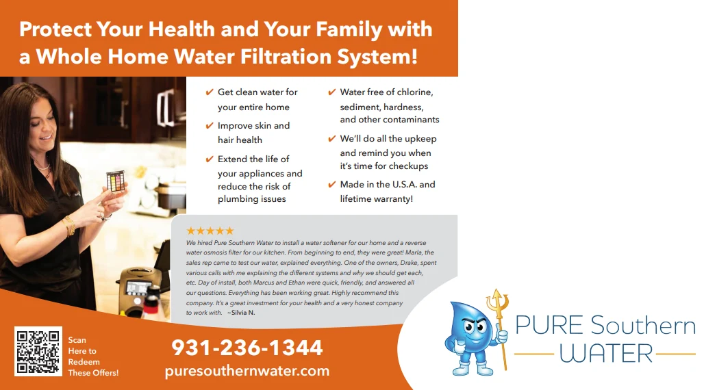 Pure Southern Water 6×11 postcard: a checklist of filtration benefits, a customer review and a QR code to redeem the offer