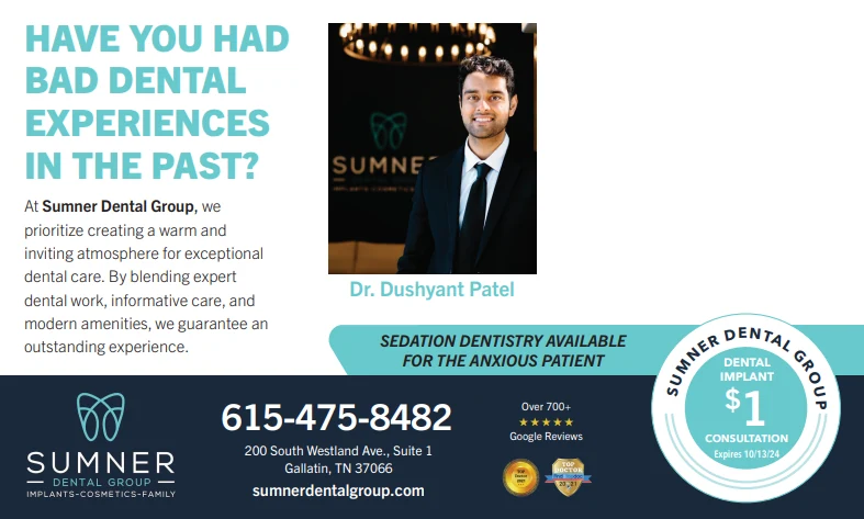 Sumner Dental Group 5×8.25 postcard introducing the dentist, sedation dentistry and a $1 implant consultation offer